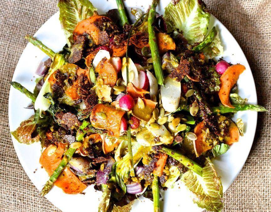 Roasted Sweet Potato, Asparagus & Radish Salad with Hemp Garlic Mustard Dressing