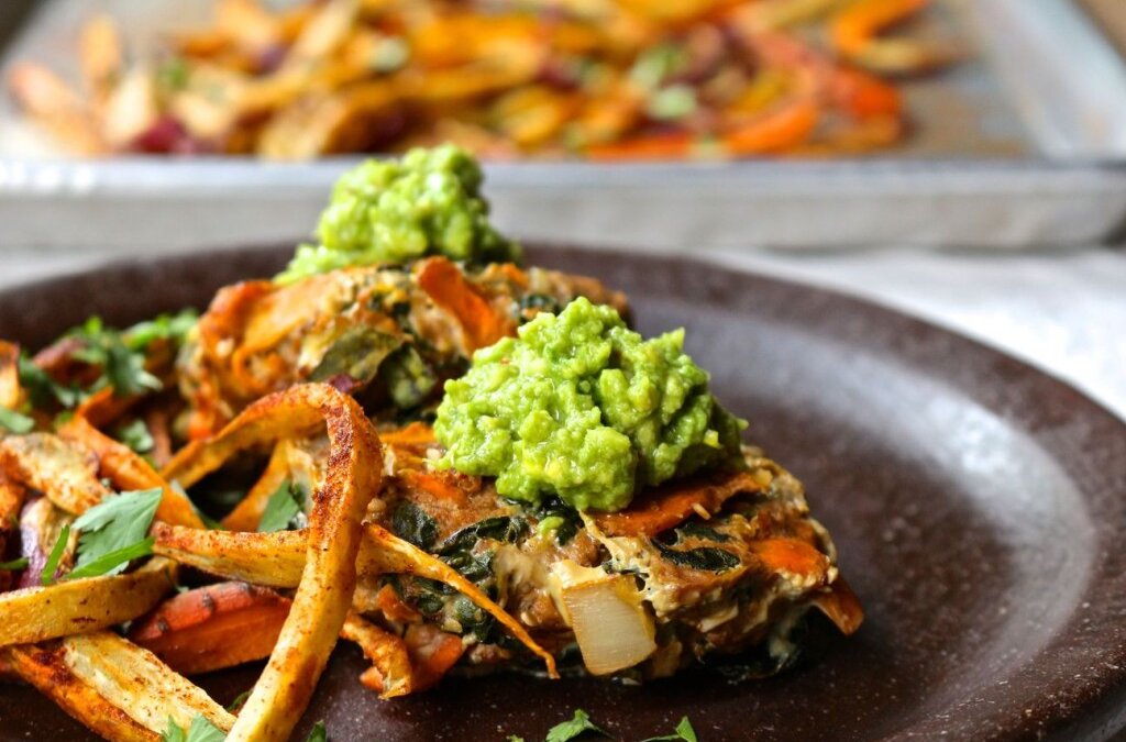 Loaded Veggie Beef Burgers with Spicy Sweet Potato Fries & Guacamole